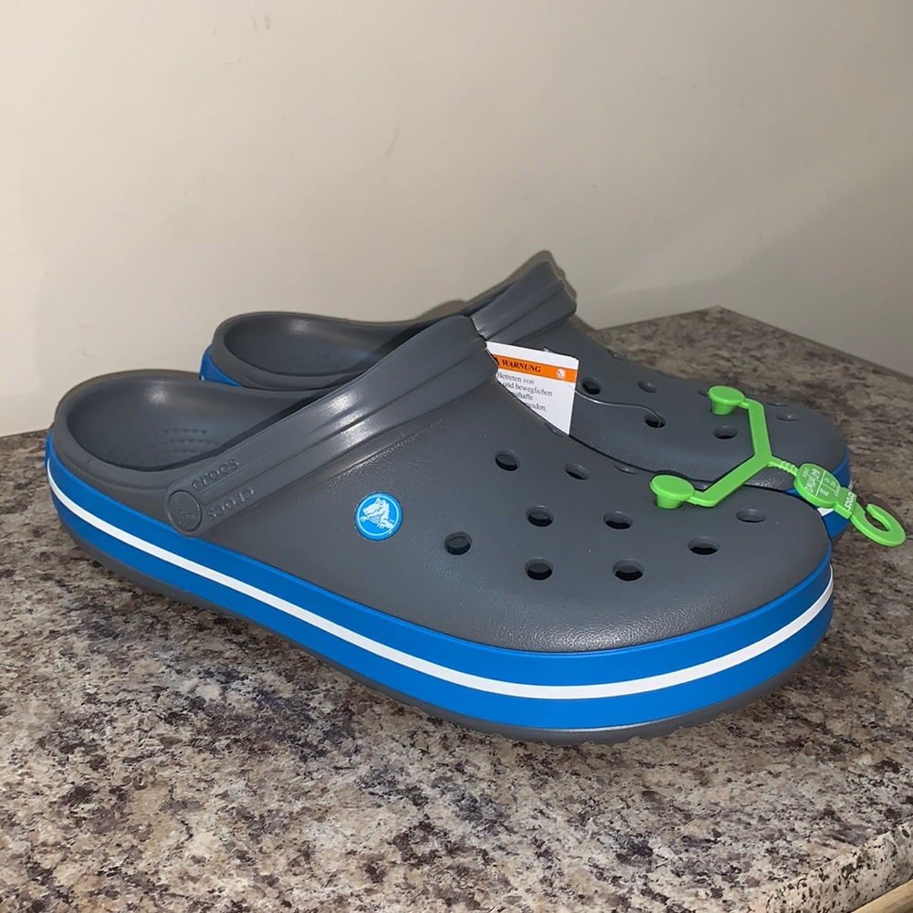 Grey and Blue Crocs